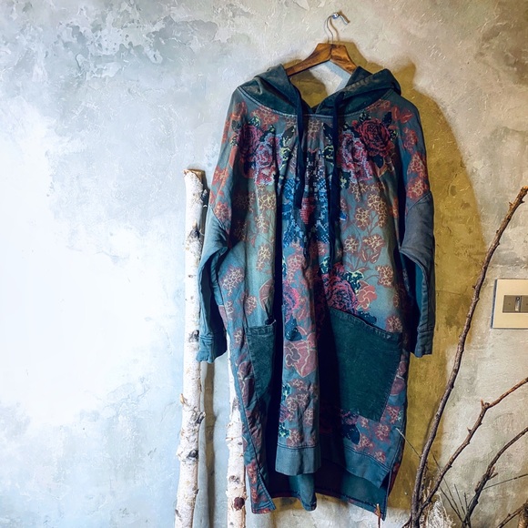 Oversized sweatshirt hoodie dress printed green - Picture 2 of 8